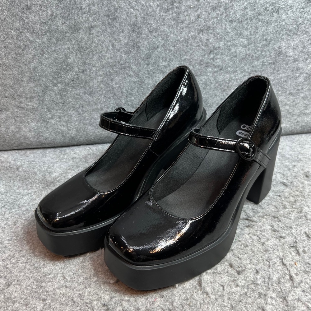 ASOS Black Patent Platform Mary Janes Square Toe Chunky Block Heel Shoes Size 10